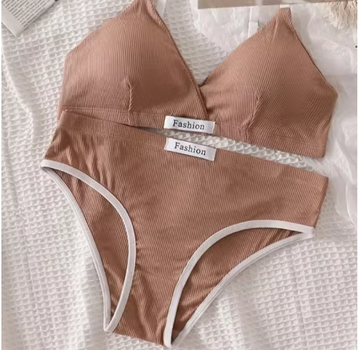 Women’s Cotton Bra & Panty Set – Sexy Low Waist Briefs, Wire-Free Bralette, V-Neck Sport Lingerie