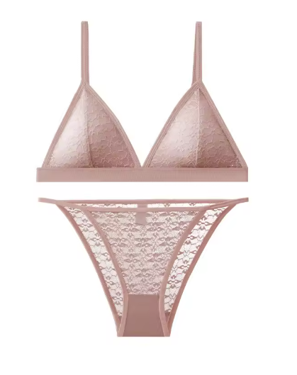 Women’s Lace Bra and Panty Set – Non-Wire Push-Up Bralette with Transparent Low-Rise Panties