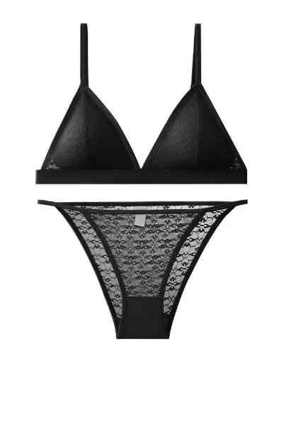 Women’s Lace Bra and Panty Set – Non-Wire Push-Up Bralette with Transparent Low-Rise Panties