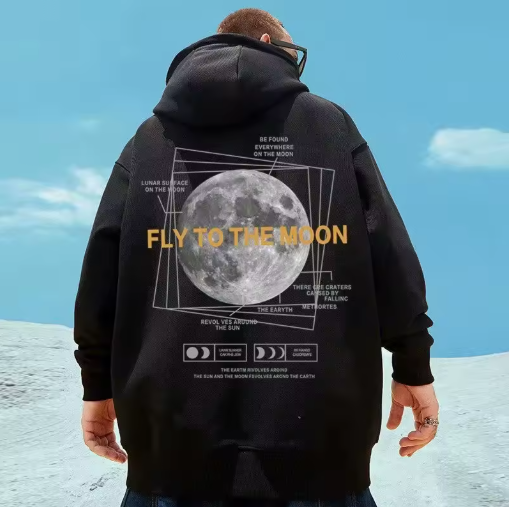 Men’s Oversized Moon Print Hoodie – Loose American Style Double-Layer Sweatshirt
