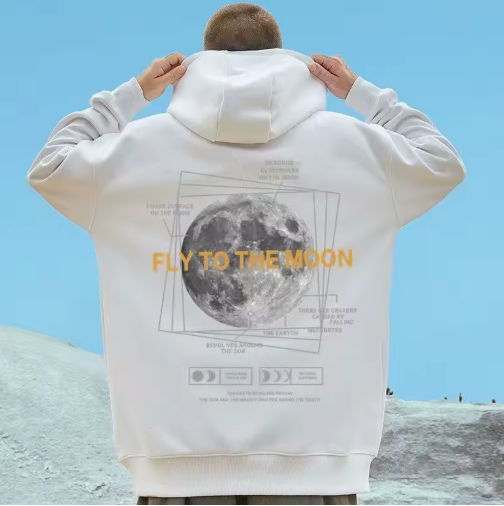 Men’s Oversized Moon Print Hoodie – Loose American Style Double-Layer Sweatshirt