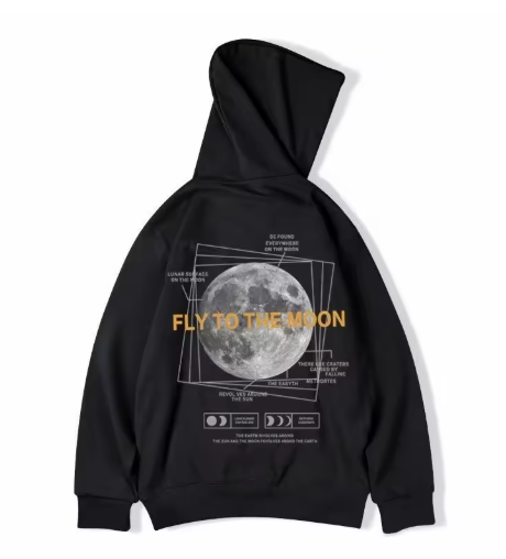 Men’s Oversized Moon Print Hoodie – Loose American Style Double-Layer Sweatshirt