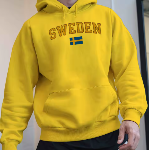 Men’s Sweden Flag Graphic Hoodie – Black Velvet Fleece Sweatshirt with Yellow Lettering