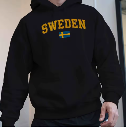Men’s Sweden Flag Graphic Hoodie – Black Velvet Fleece Sweatshirt with Yellow Lettering