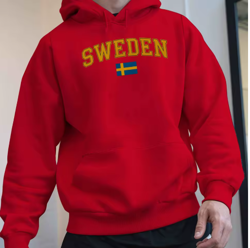 Men’s Sweden Flag Graphic Hoodie – Black Velvet Fleece Sweatshirt with Yellow Lettering