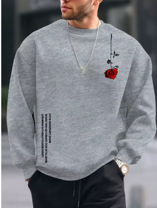 Men’s Autumn/Winter Fleece Sweatshirt with Rose Pattern – Casual Loose Fit