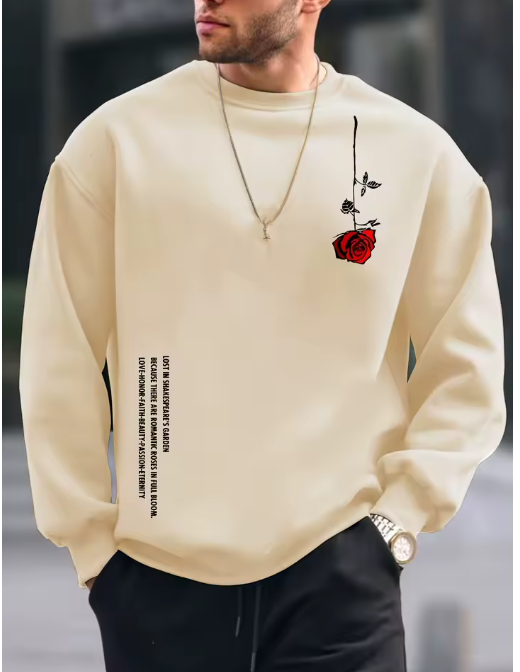 Men’s Autumn/Winter Fleece Sweatshirt with Rose Pattern – Casual Loose Fit