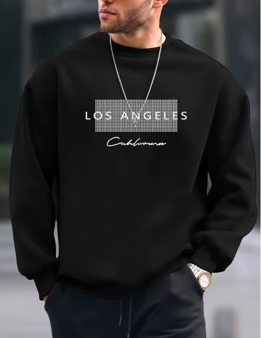 Men’s Autumn/Winter Fleece Sweatshirt – Los Angeles Letter Print, Loose Fit