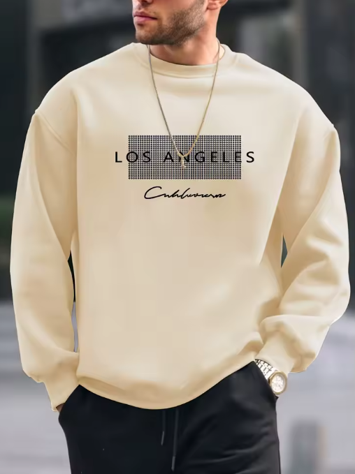 Men’s Autumn/Winter Fleece Sweatshirt – Los Angeles Letter Print, Loose Fit