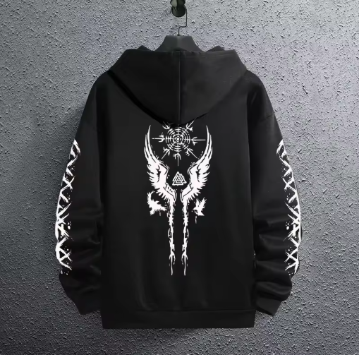 Men’s Black Hoodie with Ancient Viking Raven Print – Autumn/Winter Casual Pullover