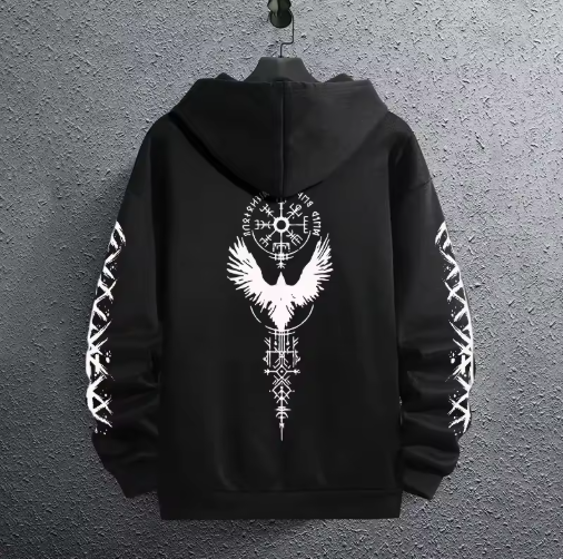 Men’s Black Hoodie with Ancient Viking Raven Print – Autumn/Winter Casual Pullover