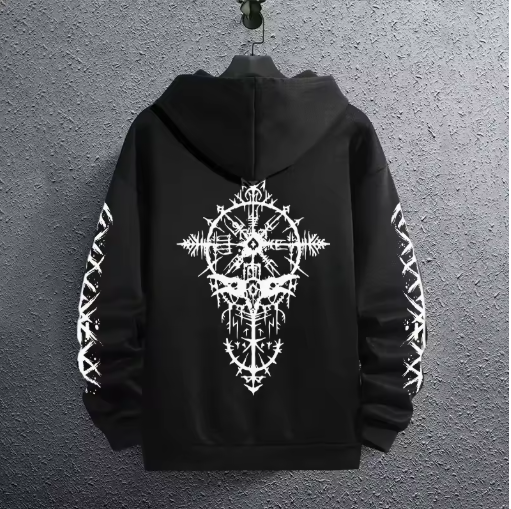 Men’s Black Hoodie with Ancient Viking Raven Print – Autumn/Winter Casual Pullover