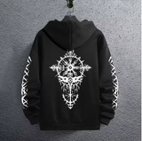 Men’s Black Hoodie with Ancient Viking Raven Print – Autumn/Winter Casual Pullover
