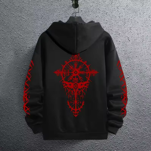 Men’s Black Hoodie with Ancient Viking Raven Print – Autumn/Winter Casual Pullover