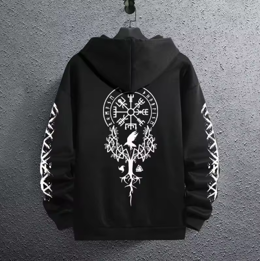 Men’s Black Hoodie with Ancient Viking Raven Print – Autumn/Winter Casual Pullover