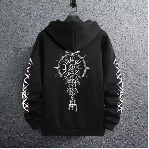 Men’s Black Hoodie with Ancient Viking Raven Print – Autumn/Winter Casual Pullover