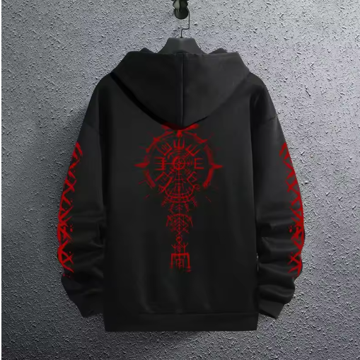 Men’s Black Hoodie with Ancient Viking Raven Print – Autumn/Winter Casual Pullover