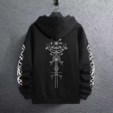 Men’s Black Hoodie with Ancient Viking Raven Print – Autumn/Winter Casual Pullover