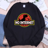 “No Internet” Little Dinosaur Fleece Hoodie – Men’s Autumn Pullover