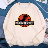 “No Internet” Little Dinosaur Fleece Hoodie – Men’s Autumn Pullover