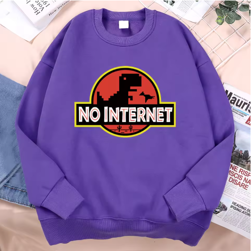 “No Internet” Little Dinosaur Fleece Hoodie – Men’s Autumn Pullover