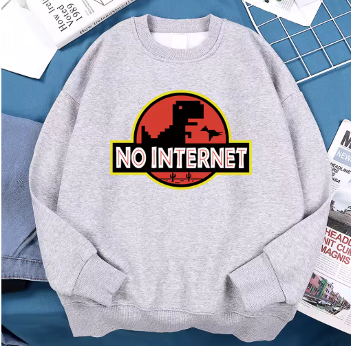 “No Internet” Little Dinosaur Fleece Hoodie – Men’s Autumn Pullover