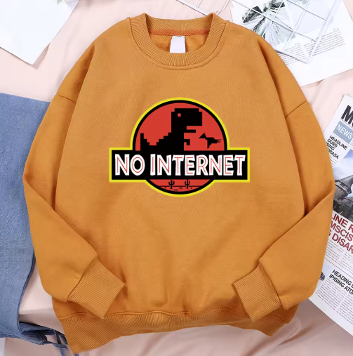 “No Internet” Little Dinosaur Fleece Hoodie – Men’s Autumn Pullover