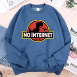 “No Internet” Little Dinosaur Fleece Hoodie – Men’s Autumn Pullover