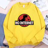 “No Internet” Little Dinosaur Fleece Hoodie – Men’s Autumn Pullover