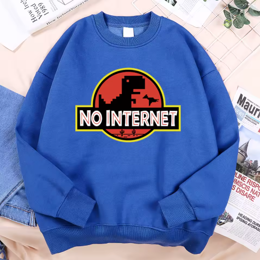 “No Internet” Little Dinosaur Fleece Hoodie – Men’s Autumn Pullover