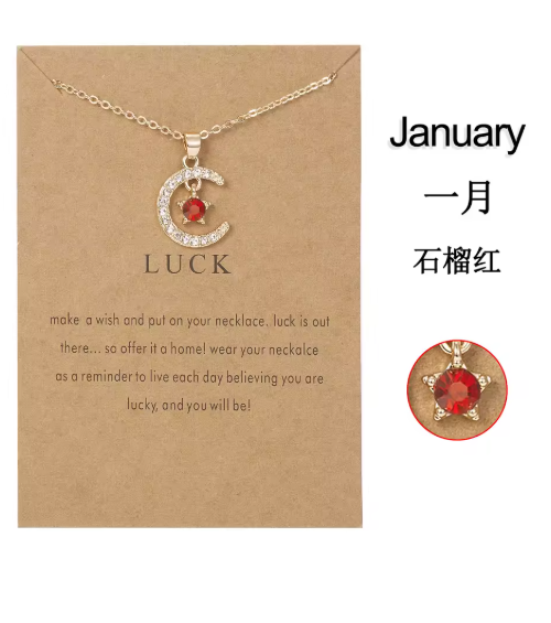 Birthstone Moon & Star Crystal Pendant Necklace