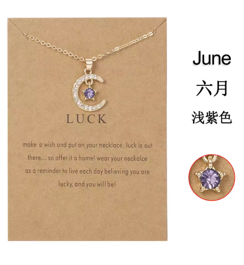 Birthstone Moon & Star Crystal Pendant Necklace