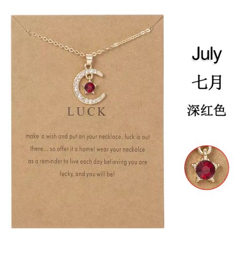 Birthstone Moon & Star Crystal Pendant Necklace