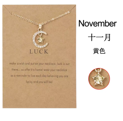 Birthstone Moon & Star Crystal Pendant Necklace