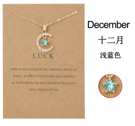 Birthstone Moon & Star Crystal Pendant Necklace