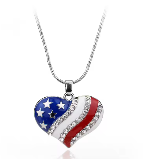 American Flag Crystal Heart & Star Pendant Necklace