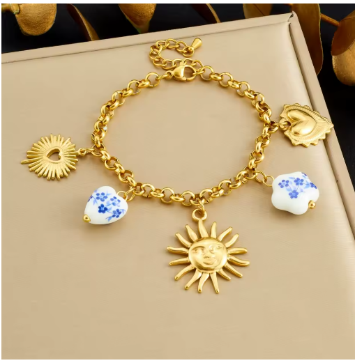 Blue Ceramic Flower & Heart 316L Steel Necklace & Bracelet Set