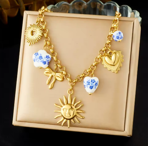Blue Ceramic Flower & Heart 316L Steel Necklace & Bracelet Set