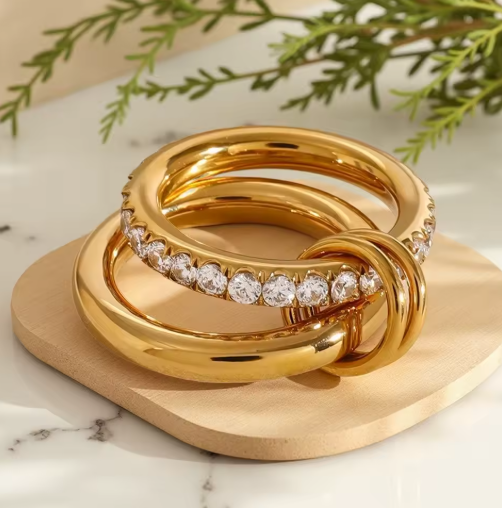 Double Layer Cubic Zirconia Stacking Ring in Stainless Steel