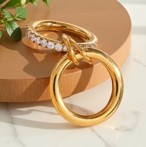 Double Layer Cubic Zirconia Stacking Ring in Stainless Steel