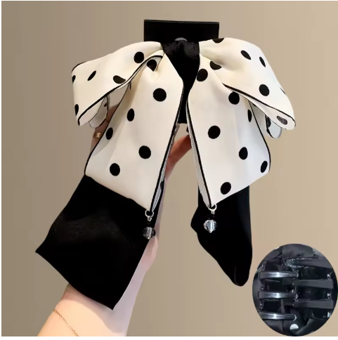 Polka Dot Big Bow Hair Clip in Black & White