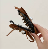 Leopard Bow Pearl Banana Hair Clip – Vintage Chic