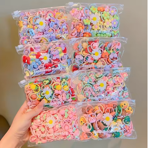 30pcs Girls Elastic Hair Bands – Cute Cartoon & Floral Set