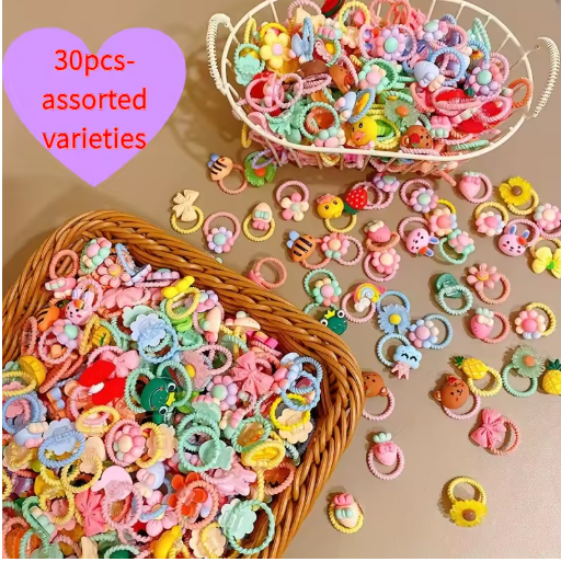 30pcs Girls Elastic Hair Bands – Cute Cartoon & Floral Set