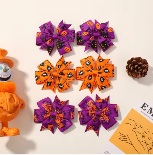 Halloween Kids Hair Bows Set – Pumpkin, Cat & Witch (6)