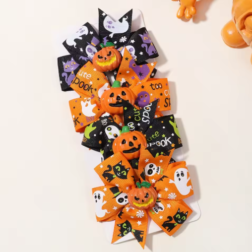 Halloween Pumpkin Bow Hair Clips for Kids, 4-Pack