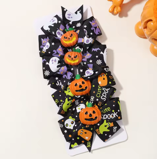 Halloween Pumpkin Bow Hair Clips for Kids, 4-Pack