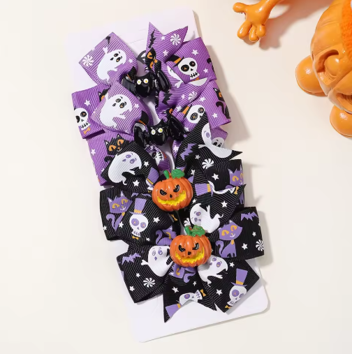 Halloween Pumpkin Bow Hair Clips for Kids, 4-Pack