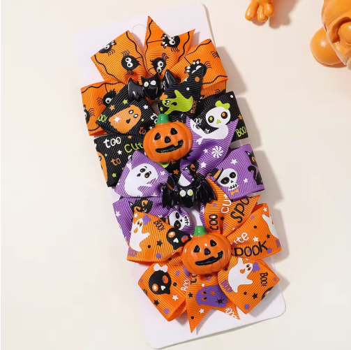 Halloween Pumpkin Bow Hair Clips for Kids, 4-Pack