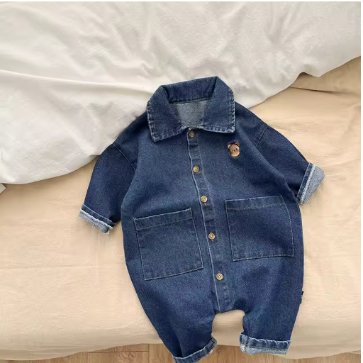 Baby Denim Romper with Bear Embroidery, Unisex 0-2Y